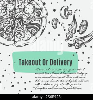 Pizzeria ou restaurant, café ou bistrot proposant des pizzas à emporter. Recette classique avec de la viande et des légumes. Bannière promotionnelle ou affiche avec réductions et ventes. Vecteur monochrome dans le style plat. Emporter ou livraison de pizza, pizzeria ou café Illustration de Vecteur