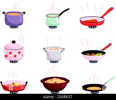 Cuisinière. Processus d'ébullition ustensiles de cuisine pour bien manger sur la poêle aujourd'hui produit vecteur préparant des illustrations plates. Cuisson dans la poêle, faire bouillir et frire, dîner préparation. Cuisinière. Processus d'ébullition ustensiles de cuisine pour bien manger sur la poêle aujourd'hui produit vecteur préparant des illustrations plates Illustration de Vecteur