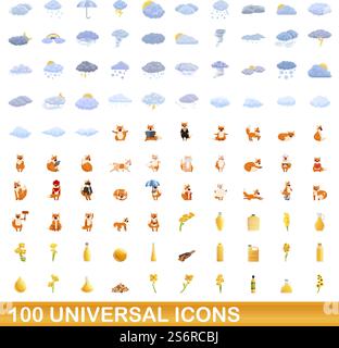 jeu d'icônes universelles de 100. Illustration de dessin animé de 100 icônes universelles ensemble de vecteur isolé sur fond blanc. 100 icônes universelles définies, style de dessin animé Illustration de Vecteur