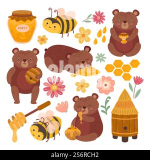 Miel et ours. Ours de bande dessinée, animal grizzly en peluche avec miel savoureux. Nids d'abeilles plats, ruche et abeille, drôle bébé sauvage caractères vectoriels exacts. Illustration caractère Teddy avec miel. Miel et ours. Ours de bande dessinée, animal grizzly en peluche avec miel savoureux. Nids d'abeilles plats, ruche et abeille, drôle bébé sauvage caractères vectoriels exacts Illustration de Vecteur