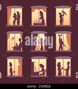 Silhouette dans les fenêtres. Les gens dans l'éclairage de la maison de nuit dans les silhouettes de vecteur d'appartement de maison. Illustration de la lumière de la ville à la maison, silhouette des gens dans la fenêtre. Silhouette dans les fenêtres. Les gens dans l'éclairage de la maison de nuit dans les silhouettes de vecteur d'appartement de maison Illustration de Vecteur