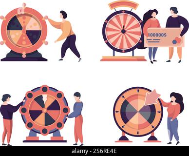 Personnages Fortune Wheels. Les gens heureux jouant dans les jeux de hasard de loterie de bingo Garish vecteur stylisé illustrations conceptuelles. Illustration gagner et jouer avec la fortune. Personnages Fortune Wheels. Les gens heureux jouant dans les jeux de hasard de loterie de bingo Garish vecteur stylisé illustrations conceptuelles Illustration de Vecteur