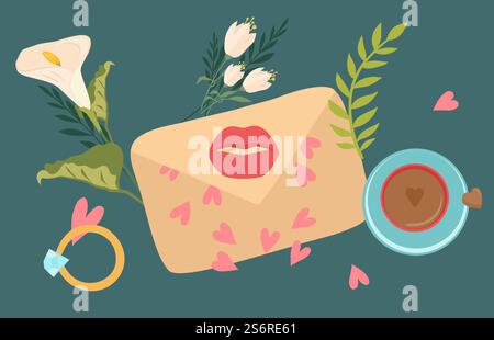 Enveloppe d'amour. Lettre écrite à la main avec des fleurs, petit déjeuner romantique mignon ou illustration vectorielle de temps de café. Lettre d'enveloppe et célébration romance valentine. Enveloppe d'amour. Lettre écrite à la main avec des fleurs, petit déjeuner romantique mignon ou illustration vectorielle de temps de café Illustration de Vecteur