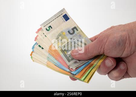 Main de l'homme tenant de nombreux billets d'euro différents, fond blanc, Banque D'Images