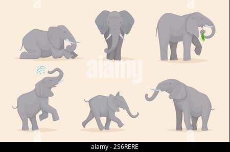 Éléphant. Animaux sauvages africains mignons grands éléphants forts de savane dans diverses poses illustration vectorielle exacte. Éléphant d'Afrique, mammifère sauvage d'afrique. Éléphant. Animaux sauvages africains mignons grands éléphants forts de savane dans diverses poses illustrations vectorielles exactes Illustration de Vecteur