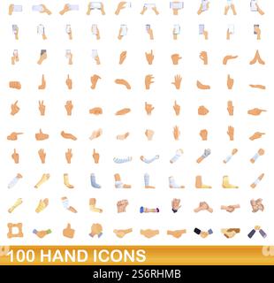 jeu de 100 icônes de main. Illustration de dessin animé de 100 icônes de main ensemble de vecteur isolé sur fond blanc. 100 icônes de main définies, style de dessin animé Illustration de Vecteur
