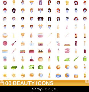ensemble de 100 icônes de beauté. Illustration de dessin animé de 100 icônes de beauté ensemble de vecteur isolé sur fond blanc. ensemble de 100 icônes de beauté, style de dessin animé Illustration de Vecteur