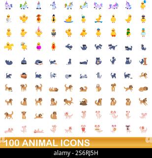 ensemble de 100 icônes d'animaux. Illustration de dessin animé de 100 icônes animales ensemble de vecteur isolé sur fond blanc. ensemble de 100 icônes animales, style de dessin animé Illustration de Vecteur