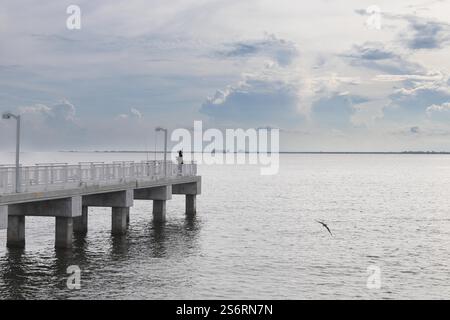 Vue du parc Fort de Soto au lever du soleil. Des teintes brillantes d'orange, de rose et de violet peignent le ciel, reflétant les eaux calmes sous Iconic Bridge Banque D'Images