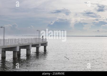 Vue du parc Fort de Soto au lever du soleil. Des teintes brillantes d'orange, de rose et de violet peignent le ciel, reflétant les eaux calmes sous Iconic Bridge Banque D'Images