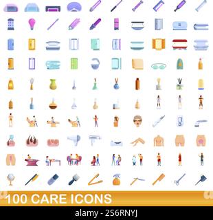 jeu de 100 icônes d'entretien. Illustration de dessin animé de 100 icônes de soins ensemble de vecteur isolé sur fond blanc. ensemble d'icônes de soin de 100, style de dessin animé Illustration de Vecteur