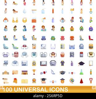 jeu d'icônes universelles de 100. Illustration de dessin animé de 100 icônes universelles ensemble de vecteur isolé sur fond blanc. 100 icônes universelles définies, style de dessin animé Illustration de Vecteur