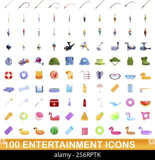 jeu de 100 icônes de divertissement. Illustration de dessin animé de 100 icônes de divertissement ensemble de vecteur isolé sur fond blanc. 100 icônes de divertissement définies, style de dessin animé Illustration de Vecteur