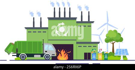 Recyclage processus écologique illustration plate fond avec déchets organiques, papier ou plastique ramassés sur un camion et amenés à brûler Illustration de Vecteur