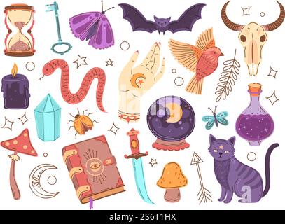 Collection magique de sorcières. Symboles magiciens, graphique magique dessiné à la main. Mignons éléments ésotériques hippie, cristal de serpent, jeu de vecteurs exacts de potion mystique. Illustration de la magie de la sorcellerie occulte. Collection magique de sorcières. Symboles magiciens, graphique magique dessiné à la main. Mignons éléments ésotériques hippie, cristal de serpent, jeu de vecteurs exacts de potion mystique Illustration de Vecteur