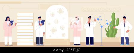 Scientifiques en laboratoire. Manteau blanc sur les chercheurs, les gens travaillent en laboratoire chimique avec des bactéries. Concept de vecteur de développement de médicaments médicaux. Illustration laboratoire chimique, recherche scientifique. Scientifiques en laboratoire. Manteau blanc sur les chercheurs, les gens travaillent en laboratoire chimique avec des bactéries. Concept de vecteur absolu pour le développement de médicaments médicaux Illustration de Vecteur