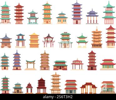 Les icônes de Pagoda définissent le vecteur de dessin animé. Temple chinois. Toiture. Les icônes de Pagoda définissent le vecteur de dessin animé. Temple chinois Illustration de Vecteur