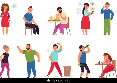 Mode de vie malsain. Toxicomanie alcoolique, femme surchargée de travail. Mauvaise habitude et toxicomane, l'homme fume la cigarette. Personnages vectoriels décents addictifs. Illustration des habitudes en matière d'alcool et de drogues. Mode de vie malsain. Toxicomanie alcoolique, femme surchargée de travail. Mauvaise habitude et toxicomane, l'homme fume la cigarette. Personnages vectoriels décents addictifs Illustration de Vecteur