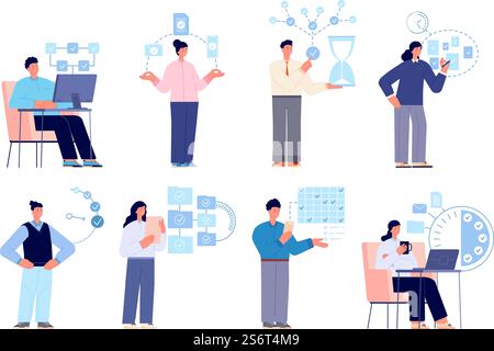 Gestion du temps réussie. Productivité, temps d'organisation définis. Calendrier sur le flux de travail, employé de succès. Concept de vecteur total de planning professionnel. Illustration gestion du temps et calendrier. Gestion du temps réussie. Productivité, temps d'organisation définis. Calendrier sur le flux de travail, employé de succès. Concept de vecteur total de planning professionnel Illustration de Vecteur