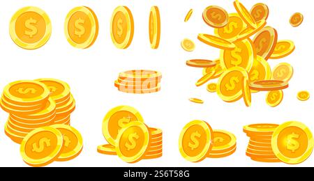 Pièces en dollars d'or. Pièce isolée d'or, argent volant. Piles de liquidités métalliques, banque financière, collecte de paiements vectoriels d'investissement ou de jeu. Icône de pièce de monnaie, illustration de dollar d'or isolé. Pièces en dollars d'or. Pièce isolée d'or, argent volant. Piles de liquidités métalliques, banque financière, collecte de paiements vectoriels d'investissement ou de jeu Illustration de Vecteur