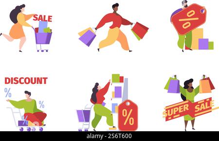 Clients sur le marché. Shopping personnes avec des sacs et des paquets personnes de centre commercial e commerce Garish vecteur clients illustrations plates. Acheter au détail et magasin, shopping client. Clients sur le marché. Shopping personnes avec des sacs et des paquets personnes de centre commercial e commerce Garish vecteur clients illustrations plates Illustration de Vecteur