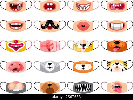 Masque de protection. Protection COVID soins de santé prévention enfants et visages d'animaux impressions sur masques textiles modèles vectoriels récents ensemble isolé. Illustration masque animal de coronavirus, accessoire visage. Masque de protection. Protection COVID soins de santé prévention enfants et visages d'animaux impressions sur masques textiles modèles vectoriels récents ensemble isolé Illustration de Vecteur