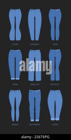 Vêtements de femme en denim. Pantalon skinny pour les filles divers types de jeans textiles Garish vecteur plat illustration collection. Fille denim évasé et mince, maman et boodcut. Vêtements de femme en denim. Pantalon skinny pour les filles divers types de jeans textiles Garish vecteur plat illustration collection Illustration de Vecteur