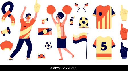 Accessoires pour ventilateurs. Drapeaux isolés, outils de fans de football. Chapeau de sport, match de soutien de garçon acclamant. Cheerleader girl, ensemble de vecteur utter de célébration d'équipe de football. Illustration fan Guy, rooter et supporter. Accessoires pour ventilateurs. Drapeaux isolés, outils de fans de football. Chapeau de sport, match de soutien de garçon acclamant. Cheerleader girl, ensemble de vecteur utter de célébration d'équipe de football Illustration de Vecteur
