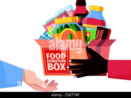 Boîte de dons. Les emballages alimentaires et les contenants d'épicerie les bénévoles de la communauté aident la campagne de produits en conserve des illustrations vectorielles criantes. Box charité et don, don de bénévolat. Boîte de dons. Les emballages alimentaires et les contenants d'épicerie les bénévoles de la communauté aident la campagne de produits en conserve des illustrations vectorielles criantes Illustration de Vecteur