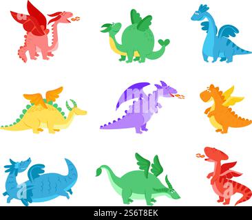 Dragons de dessin animé. Dragon de conte de fées, reptile drôle avec des ailes. Monstre volant mignon. Créature magique de bébé coloré, vecteur de dinosaure fantastique. Dragon mythologique et reptile, illustration mascotte de conte de fées. Dragons de dessin animé. Dragon de conte de fées, reptile drôle avec des ailes. Monstre volant mignon. Créature magique de bébé coloré, personnages vectoriels décents de fantaisie Dino Illustration de Vecteur