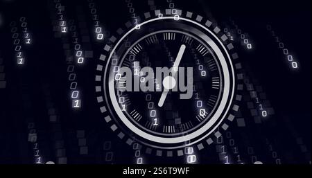 Image de l'horloge en mouvement sur le traitement des données sur fond noir Banque D'Images