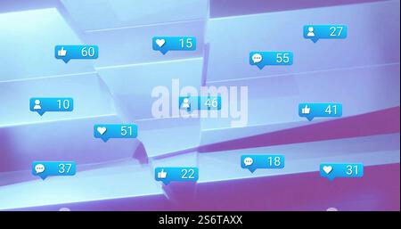 Image de notifications de médias sociaux sur fond bleu et violet abstrait Banque D'Images