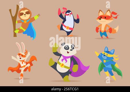 Animaux super-héros. Animaux drôles dans des vêtements de héros chiens chats muscles forts personnages zoo clipart exact vecteur illustrations plates isolées. Super héros drôle, héros costume panda, paresseux et pingouin. Animaux super-héros. Animaux drôles dans des vêtements de héros chiens chats muscles forts personnages zoo clipart exact vecteur illustrations plates isolées Illustration de Vecteur