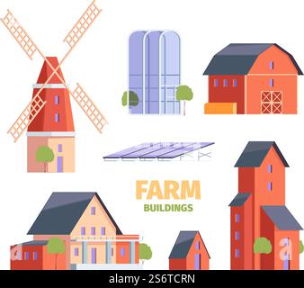 Maisons de ferme. Constructions de vieux villages bâtiments ruraux médiévaux et objets agricoles crient illustrations vectorielles dans un style plat. Construction de maison de ferme, construction dans le village. Maisons de ferme. Constructions de vieux villages bâtiments ruraux médiévaux et objets agricoles crient illustrations vectorielles dans un style plat Illustration de Vecteur