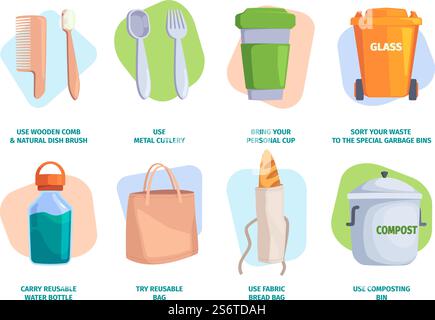 Pointes zéro déchet. Les couches en plastique de style de vie respectueux de l'environnement recyclent la pollution durable environnement éco-responsable ensemble d'illustrations vectorielles. Recyclage écologique et écologique, biodégradable et durable. Pointes zéro déchet. Les couches en plastique de style de vie respectueux de l'environnement recyclent la pollution durable environnement éco-responsable ensemble d'illustrations vectorielles Illustration de Vecteur