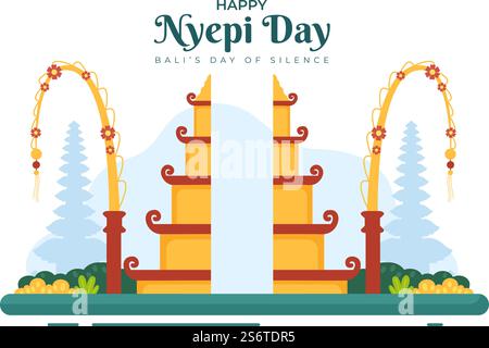Joyeux Nyepi Day ou Bali & rsquo ; s silence aux cérémonies hindoues en arrière-plan du Temple ou illustration Pura adapté pour affiche Illustration de Vecteur