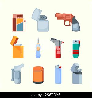 Briquet métallique. Flamme de briquet à gaz pour cigarettes collection d'images plates colorées vectorielles jarish. Allume-feu avec carburant gazeux, illustration d'éclairage inflammable. Briquet métallique. Flamme de briquet à gaz pour cigarettes collection d'images plates colorées vectorielles jarish Illustration de Vecteur