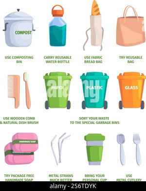 Soin de la nature. Processus zéro déchet nettoyant et recyclant les déchets en plastique éco style de vie environnement modèles de vecteur de pollution. Illustration éco et zéro déchet, recyclage du compost et articles durables. Soin de la nature. Processus zéro déchet nettoyant et recyclant les déchets en plastique éco style de vie environnement pollution Garish images vectorielles modèles Illustration de Vecteur