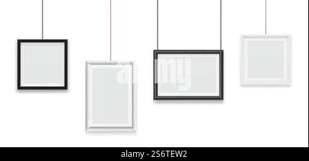 Cadres suspendus. Cadre photo vierge, image ou cadrage d'image. Modèles vectoriels blancs noirs et réalistes vides. Photo vide vierge, illustration d'exposition de galerie. Cadres suspendus. Cadre photo vierge, image ou cadrage d'image. Modèles vectoriels blancs noirs et réalistes vides Illustration de Vecteur