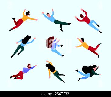 Personnes volant. En mouvement et en rêvant des gens en action pose le sommeil et l'imagination espace de liberté de gravité vecteur personnage stylisé de dessin animé. Illustration flottant et volant gravité, jeune pose mobile. Personnes volant. En mouvement et en rêvant des gens en action pose sommeil et imagination concept de liberté de gravité espace Garish vecteur personnages stylisés de dessin animé Illustration de Vecteur