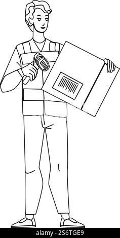 Livreur scannant le code à barres sur le vecteur de dessin au crayon de ligne noire de boîte de carton. Livreur scannant le code-barres avec le dispositif de scanner laser sur carton. Illustration des informations d'emballage de vérification des caractères. Le livreur scannant le code-barres sur le vecteur de boîte de carton Illustration de Vecteur