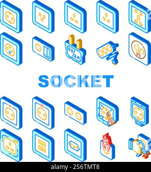 Vecteur d'ensemble d'icônes d'accessoires électriques d'alimentation par prise. Américain et européen, Australie et Universal Waterproof Socket Line. Illustrations de couleur du panneau isométrique du connecteur électrique endommagé et brûlé. Vecteur d'ensemble d'icônes d'accessoires électriques d'alimentation par prise Illustration de Vecteur