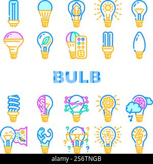 Éclairage par ampoule icônes d'accessoires électriques Set Vector. Ampoule fluorescente et halogène, LED et ligne d'équipement d'électricité d'économie d'énergie. Illustrations couleur de la technologie d'innovation électrique. Éclairage par ampoule icônes d'accessoires électriques Set Vector Illustration de Vecteur
