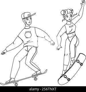 Skateboard équitation garçon et fille ensemble Black Line crayon dessin vecteur. Les adolescents font du skateboard dans Extreme Park, les skateurs apprécient Extremal Sport et Jumping Tricks. Personnages Skateboard. Skateboard équitation garçon et fille ensemble vecteur Illustration de Vecteur