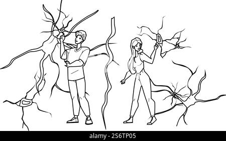 réseau neuronal cerveau ai tech. Vecteur de dessin au crayon Black Line. apprentissage humain. données numériques. Illustration Web de personnage d'algorithme de robot. vecteur de réseau neuronal Illustration de Vecteur