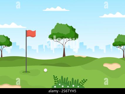 Jouer au sport de golf avec des drapeaux, du sable, du sable et de l'équipement sur l'extérieur Yard Green plantes dans un dessin-fond plat Illustration de Vecteur