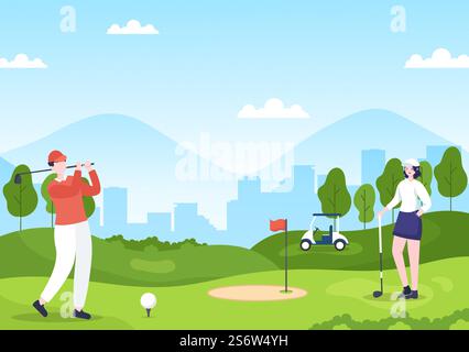 Jouer au sport de golf avec des drapeaux, du sable, du sable et de l'équipement sur l'extérieur Yard Green plantes dans un dessin-fond plat Illustration de Vecteur