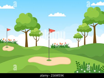 Jouer au sport de golf avec des drapeaux, du sable, du sable et de l'équipement sur l'extérieur Yard Green plantes dans un dessin-fond plat Illustration de Vecteur