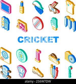 Icônes d'accessoire de jeu de sport de cricket Set vecteur. Ballon de cricket et chauve-souris, grille et équipement de bras latéraux, casque de protection du joueur et bandage de protection des jambes, chandail et botte. Illustrations en couleur des signes isométriques. Icônes d'accessoire de jeu de sport de cricket Set vecteur Illustration de Vecteur