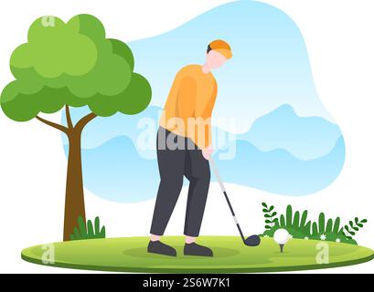 Jouer au sport de golf avec des drapeaux, du sable, du sable et de l'équipement sur l'extérieur Yard Green plantes dans un dessin-fond plat Illustration de Vecteur